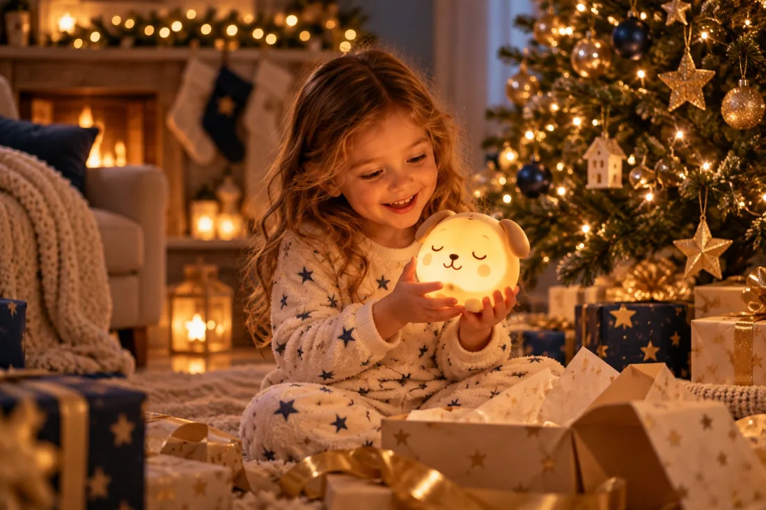Enfant émerveillé qui découvre son réveil éducatif au pied du sapin de Noël