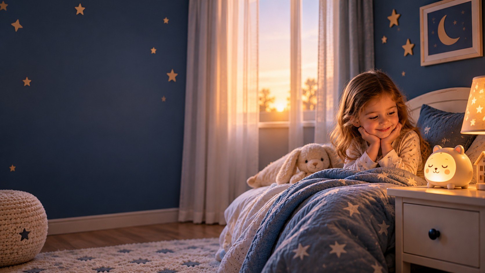 Petite fille souriante qui regarde son réveil éducatif lumineux au réveil