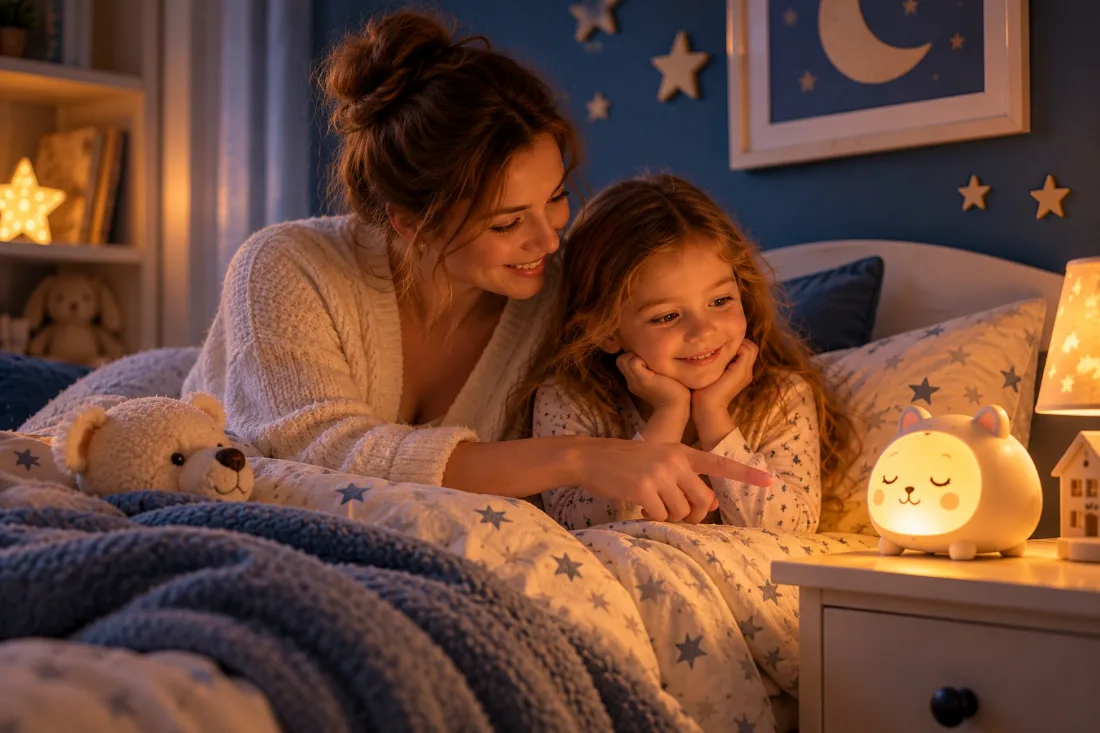Parent et enfant qui regardent ensemble le réveil éducatif au moment du coucher